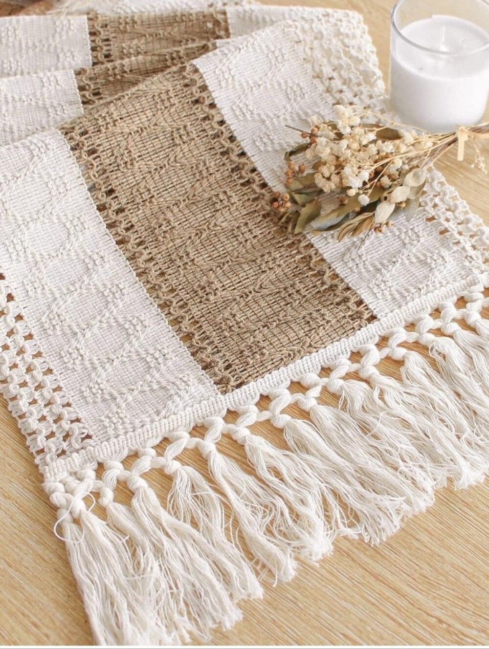 Boho Crochet Fringe Table Runner in Cream and Tan
